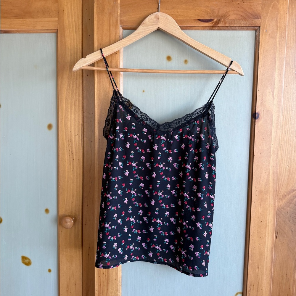 Silky flora lace trim tank top